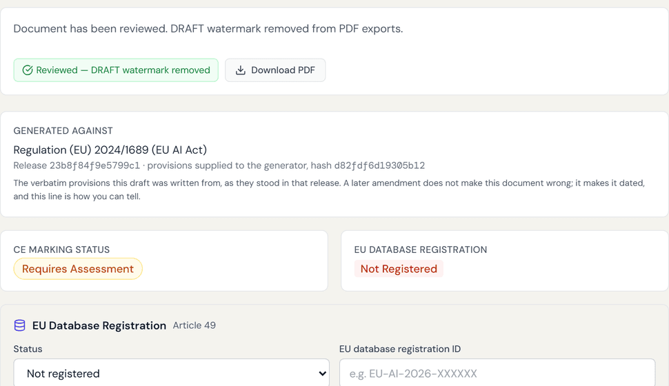 The AM8 workspace showing a declaration resolving into a signed audit dossier